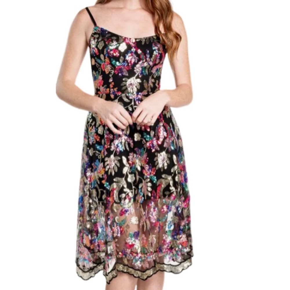 NWT Dress the Population Uma Black Floral Sequin Fit & Flare Midi Dress - Sz XS